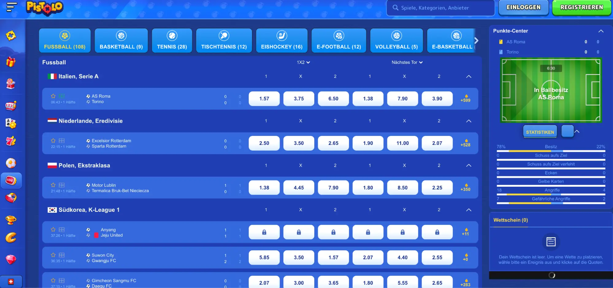 Sportwetten Übersicht Pistolo Casino